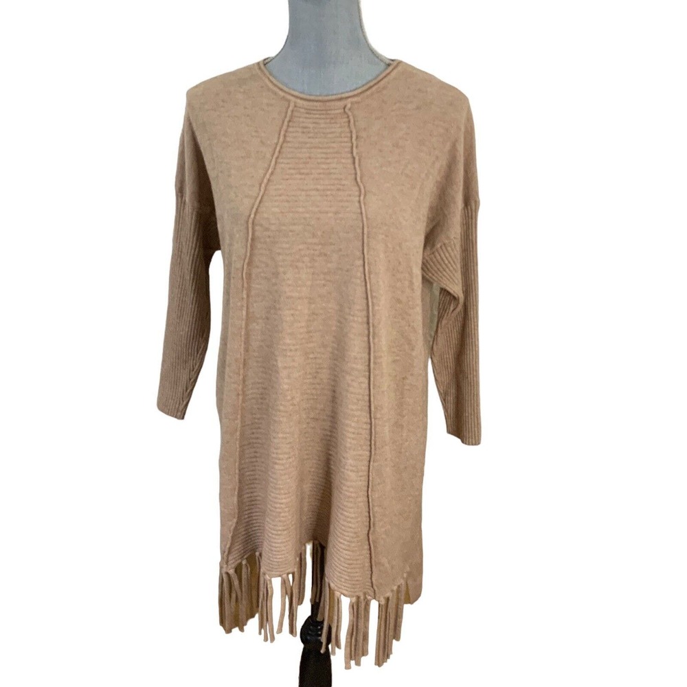 Top It Off Sweater Womens Size Small Medium Tan Pullover Fringe Tassels Soft